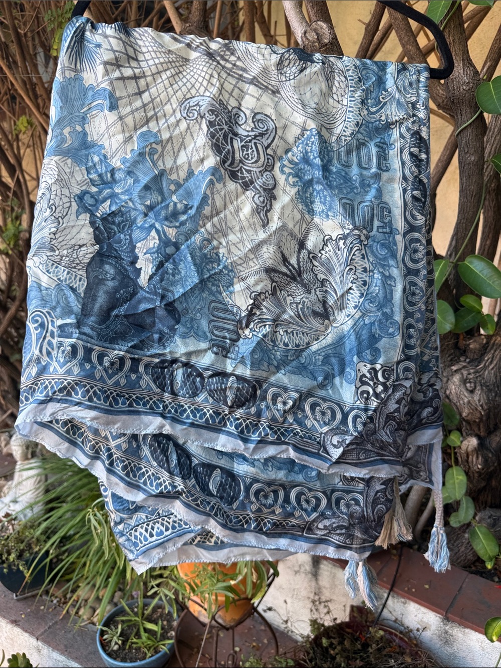 Johnny Was Blue and Cream Paisley Lightweight Silk Scarf Wrap